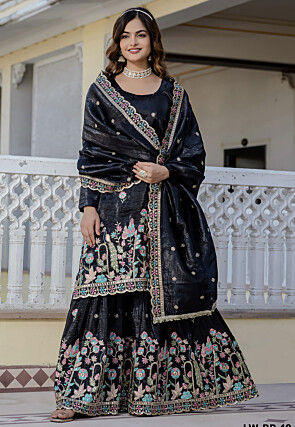 Embroidered Art Silk Pakistani Suit in Black