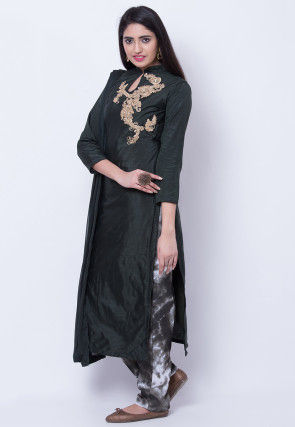 Embroidered Art Silk Pakistani Suit in Dark Green