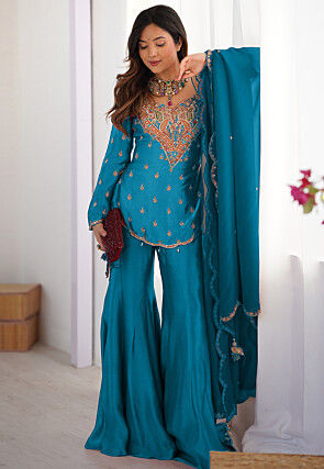 Embroidered Art Silk Pakistani Suit in Blue