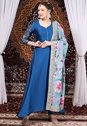 Embroidered Satin Pakistani Suit in Blue