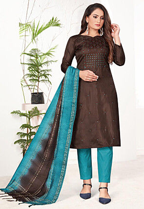 Embroidered Art Silk Pakistani Suit in Brown