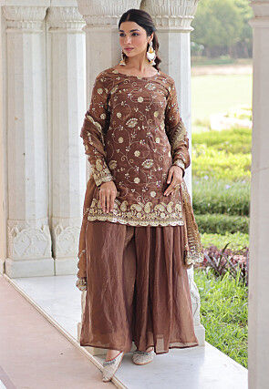 Embroidered Art Silk Shimmer Pakistani Suit in Brown