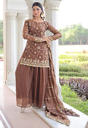 Embroidered Art Silk Shimmer Pakistani Suit in Brown
