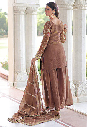 Embroidered Art Silk Shimmer Pakistani Suit in Brown