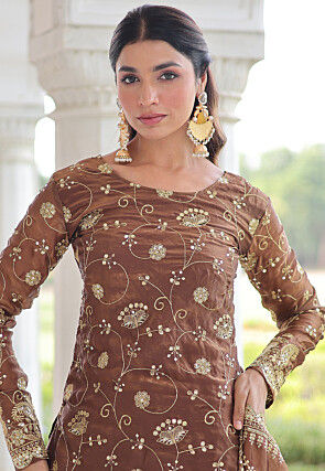 Embroidered Art Silk Shimmer Pakistani Suit in Brown
