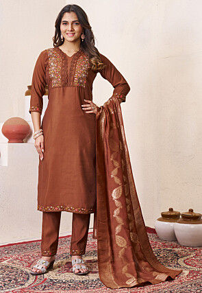 Embroidered Art Silk Pakistani Suit in Brown