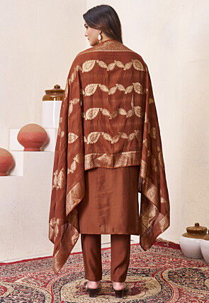 Embroidered Art Silk Pakistani Suit in Brown