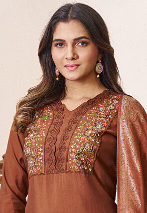 Embroidered Art Silk Pakistani Suit in Brown