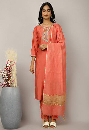 Embroidered Art Silk Pakistani Suit in Coral Pink