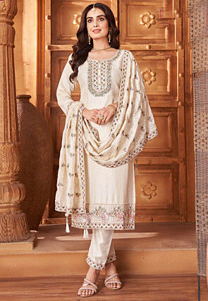 Embroidered Art Silk Pakistani Suit in Cream