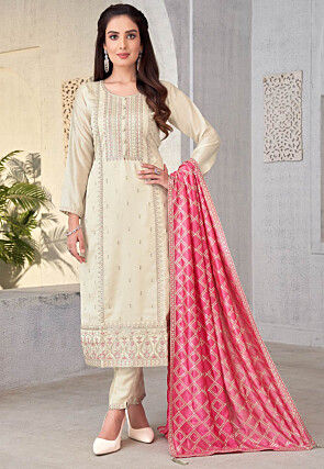 Embroidered Art Silk Pakistani Suit in Cream