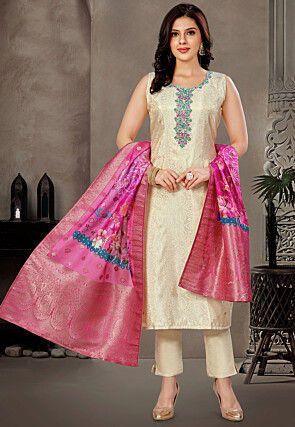 Embroidered Art Silk Pakistani Suit in Cream