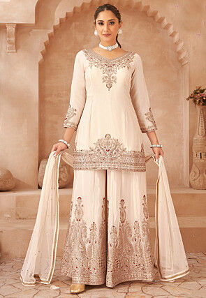 Embroidered Art Silk Pakistani Suit in Cream