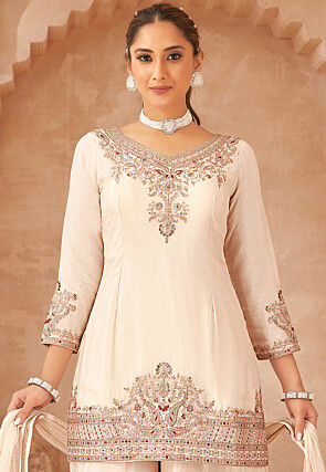 Embroidered Art Silk Pakistani Suit in Cream