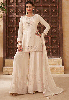 Embroidered Art Silk Pakistani Suit in Cream
