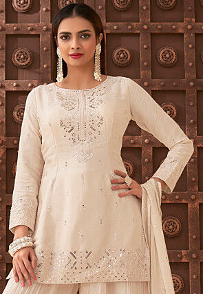 Embroidered Art Silk Pakistani Suit in Cream