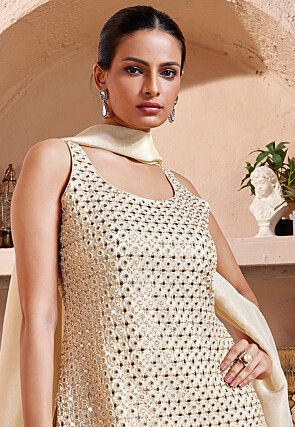 Embroidered Art Silk Pakistani Suit in Cream