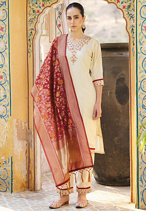 Embroidered Art Silk Pakistani Suit in Cream