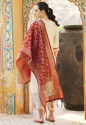 Embroidered Art Silk Pakistani Suit in Cream