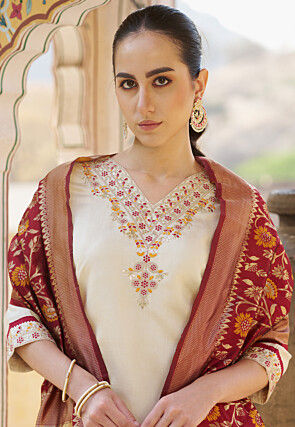 Embroidered Art Silk Pakistani Suit in Cream