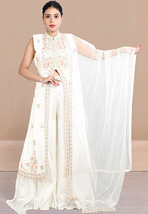 Embroidered Art Silk Pakistani Suit in Cream
