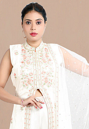 Embroidered Art Silk Pakistani Suit in Cream