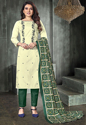 Embroidered Art Silk Pakistani Suit in Cream