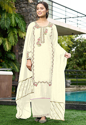 Embroidered Art Silk Pakistani Suit in Cream