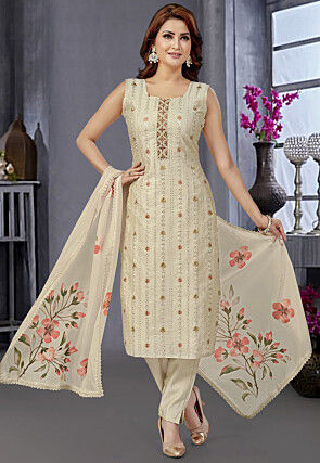 Embroidered Art Silk Pakistani Suit in Cream