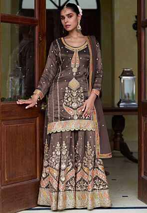 Embroidered Art Silk Shimmer Pakistani Suit in Dark Brown