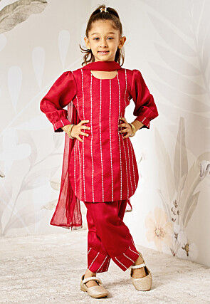 Embroidered Art Silk Punjabi Suit in Dark Fuchsia