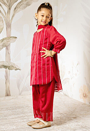 Embroidered Art Silk Punjabi Suit in Dark Fuchsia