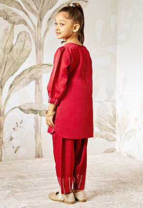 Embroidered Art Silk Punjabi Suit in Dark Fuchsia