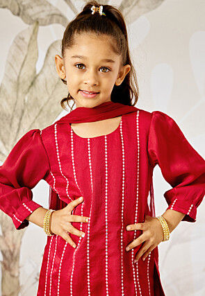 Embroidered Art Silk Punjabi Suit in Dark Fuchsia