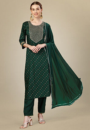 Embroidered Art Silk Pakistani Suit in Dark Green