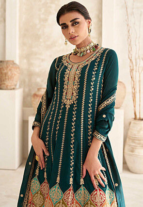 Embroidered Art Silk Punjabi Suit in Dark Green