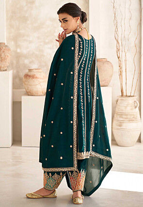 Embroidered Art Silk Punjabi Suit in Dark Green