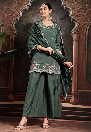 Embroidered Art Silk Pakistani Suit in Dark Green