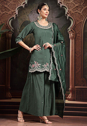 Embroidered Art Silk Pakistani Suit in Dark Green