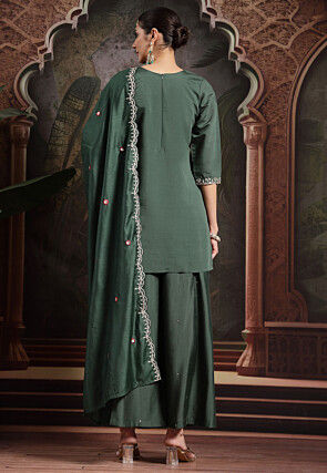 Embroidered Art Silk Pakistani Suit in Dark Green