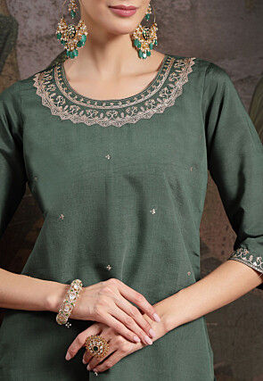 Embroidered Art Silk Pakistani Suit in Dark Green
