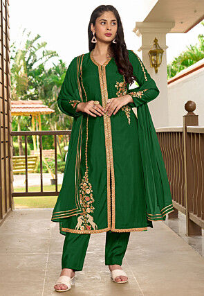 Embroidered Art Silk Pakistani Suit in Dark Green