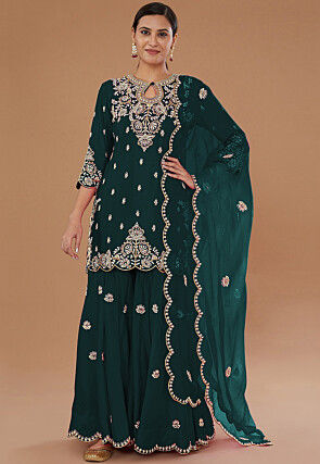 Embroidered Art Silk Pakistani Suit in Dark Green