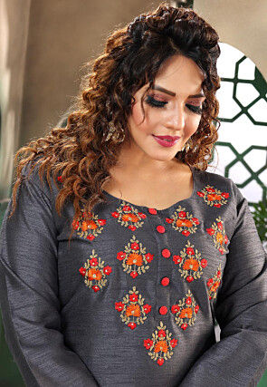 Embroidered Art Silk Pakistani Suit in Dark Grey