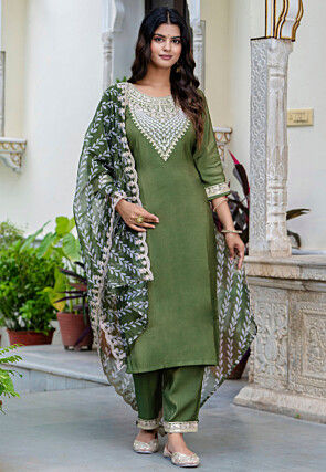 Embroidered Art Silk Pakistani Suit in Dark Olive Green
