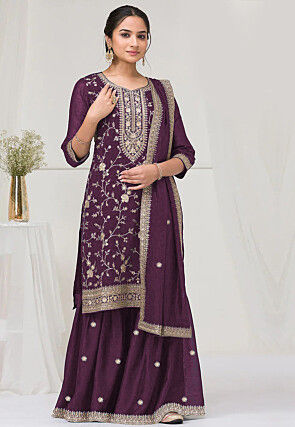 Embroidered Art Silk Pakistani Suit in Dark Purple
