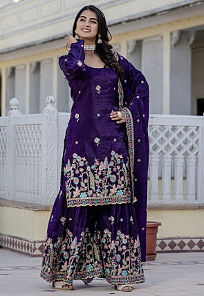 Embroidered Art Silk Pakistani Suit in Dark Purple