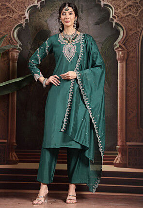Embroidered Art Silk Pakistani Suit in Dark Teal Green