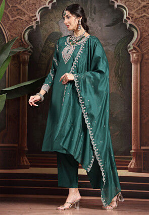 Embroidered Art Silk Pakistani Suit in Dark Teal Green