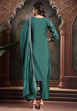 Embroidered Art Silk Pakistani Suit in Dark Teal Green